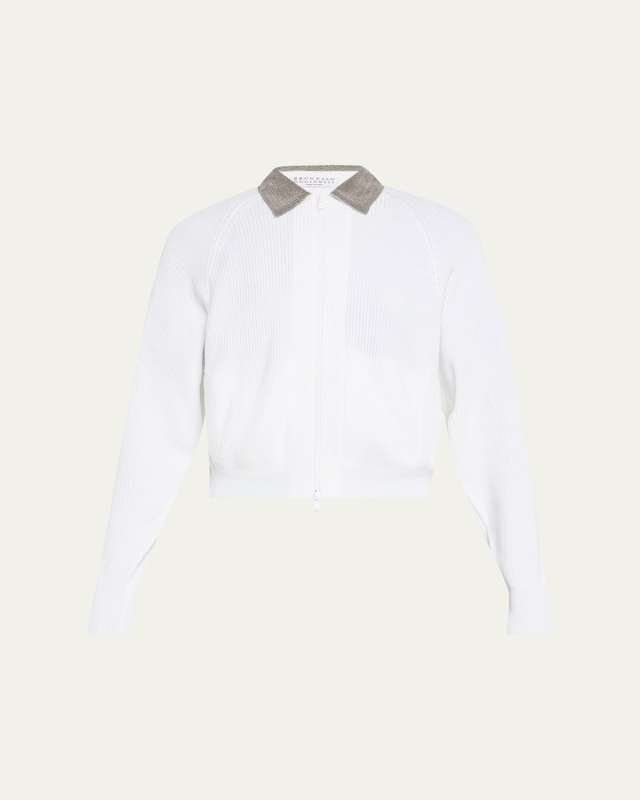 Monili-Collar Zip Cotton Rib Cardigan